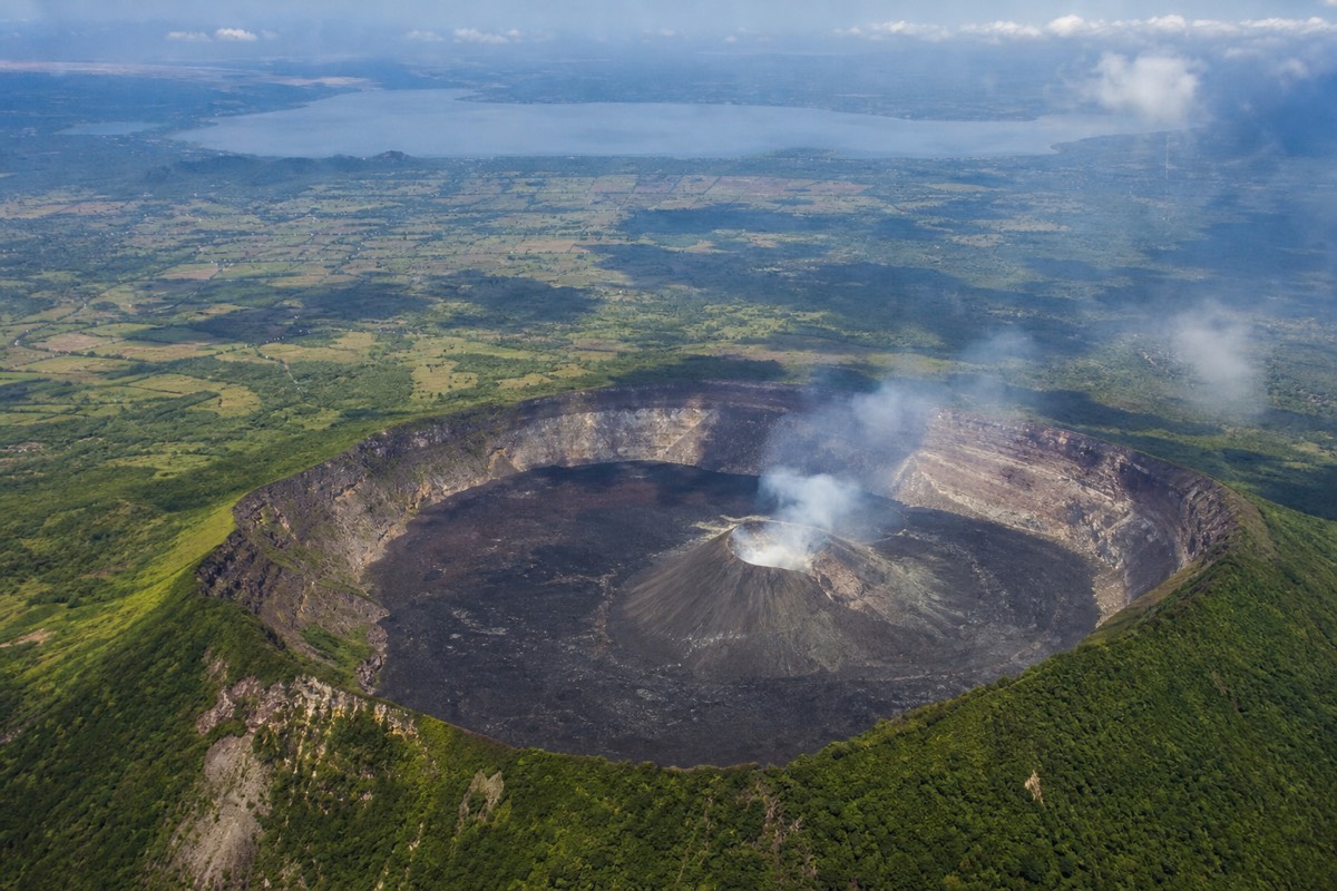 Steam and gas rising from the active crater