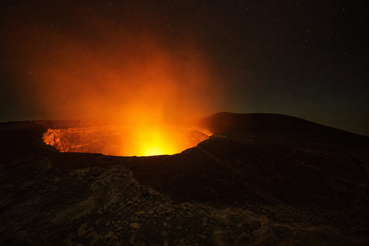 The glowing lava lake inside Santiago Crater